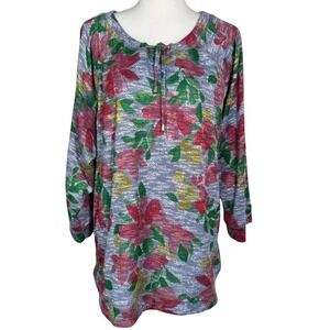 RUBY‎ RD Woman's 2X Gray Floral Print Knit Tunic Top Long Sleeve Pullover Blouse